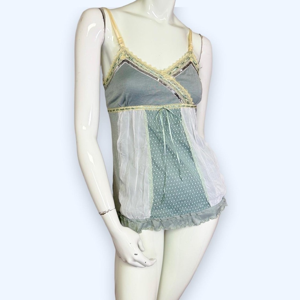 Vintage Y2K Dusty Blue Lace Sequin Babydoll Cami Top Fairycore Small